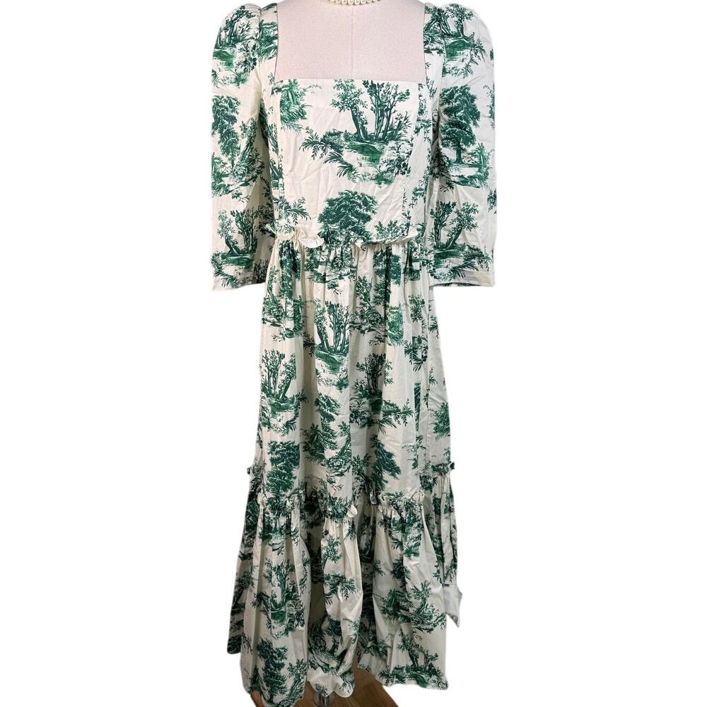 Cara Cara Blue Hill Toile Midi Dress Size 10 Green Botanical Cotton Garden Party - Picture 7 of 15